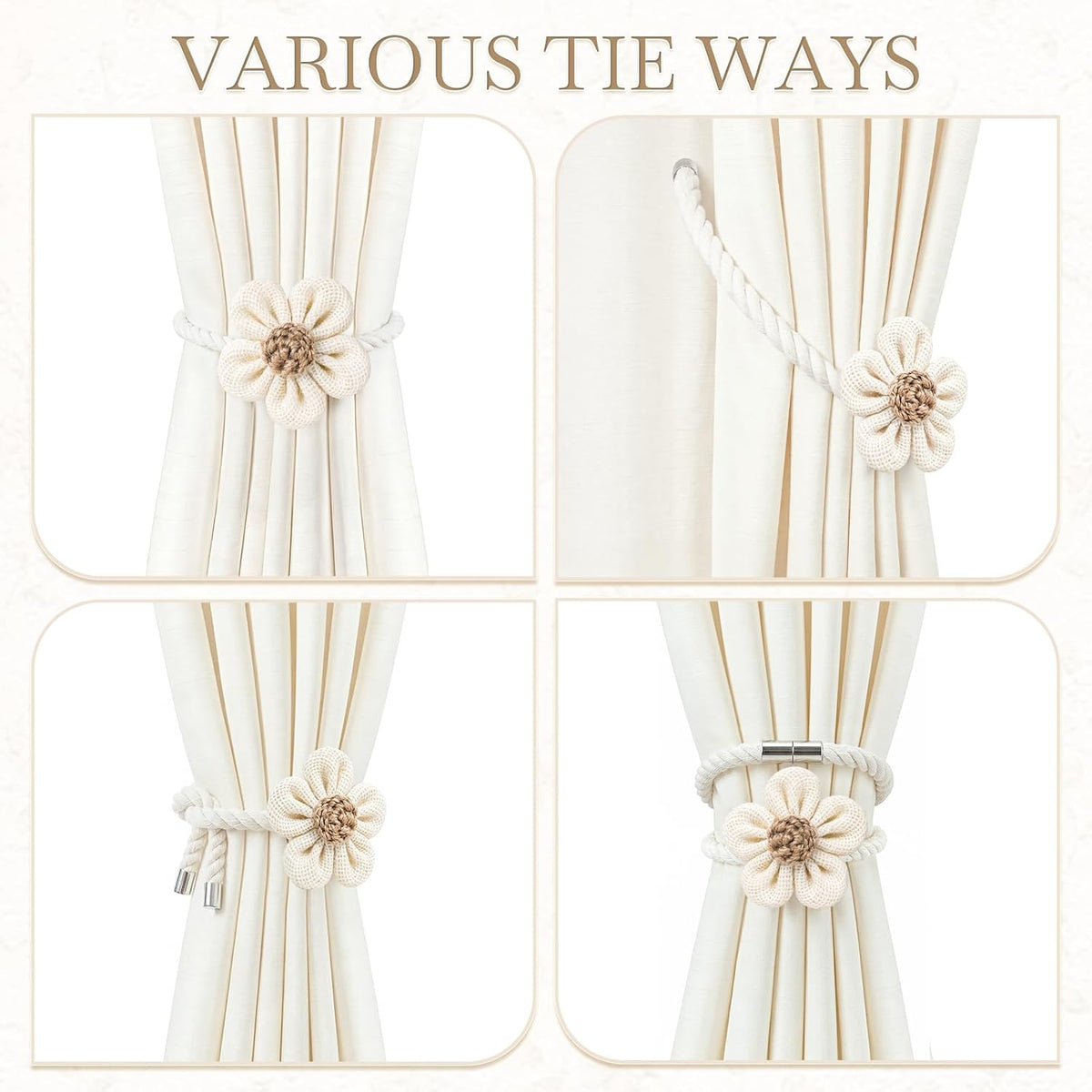 VIS'V Magnetic Curtain Tiebacks, Boho Curtain Holdbacks, Cream, 2 Pcs