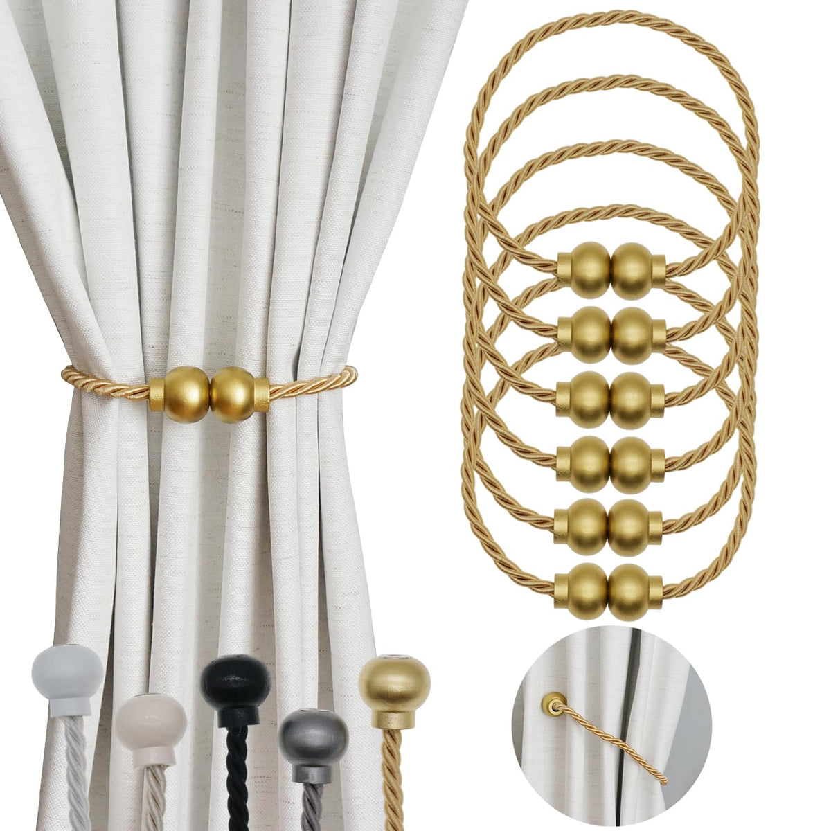 2 Pack Magnetic Curtain Tiebacks Modern Handmade Rope Curtain Tie Backs Decorative Drapes Weave Holdbacks for Home Outdoor Bedroom Office Decorative Curtain, Gold