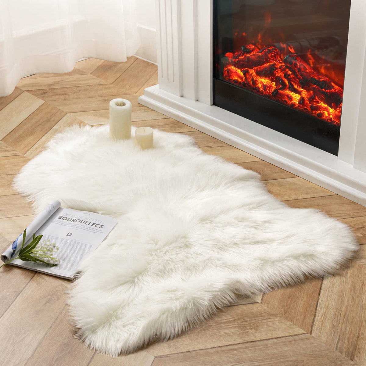 Ashler Faux Fur Rug, White, 2 x 6 Ft, Machine Washable