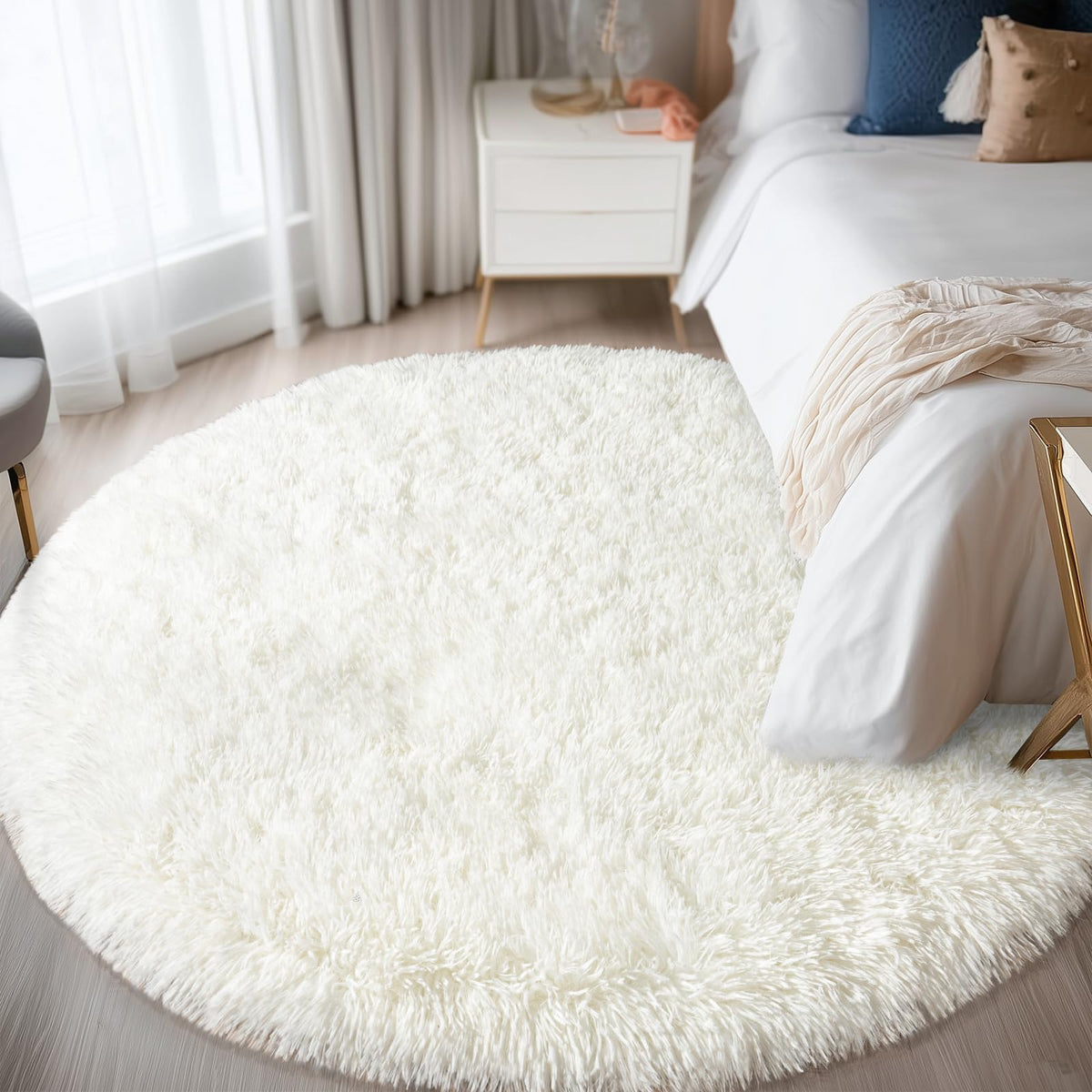4Ft Fluffy Pink Round Rug for Girls Bedroom Kids Room, Washable Non-Slip