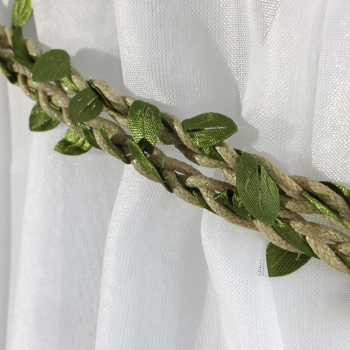Valea Home Curtain Tiebacks Ropes Natural Burlap Rope Holdbacks with Artificial Vines Fake Foliage Ivy Leaf for Rustic Wedding Party Home Decorative Curtain Holders, Set of 4