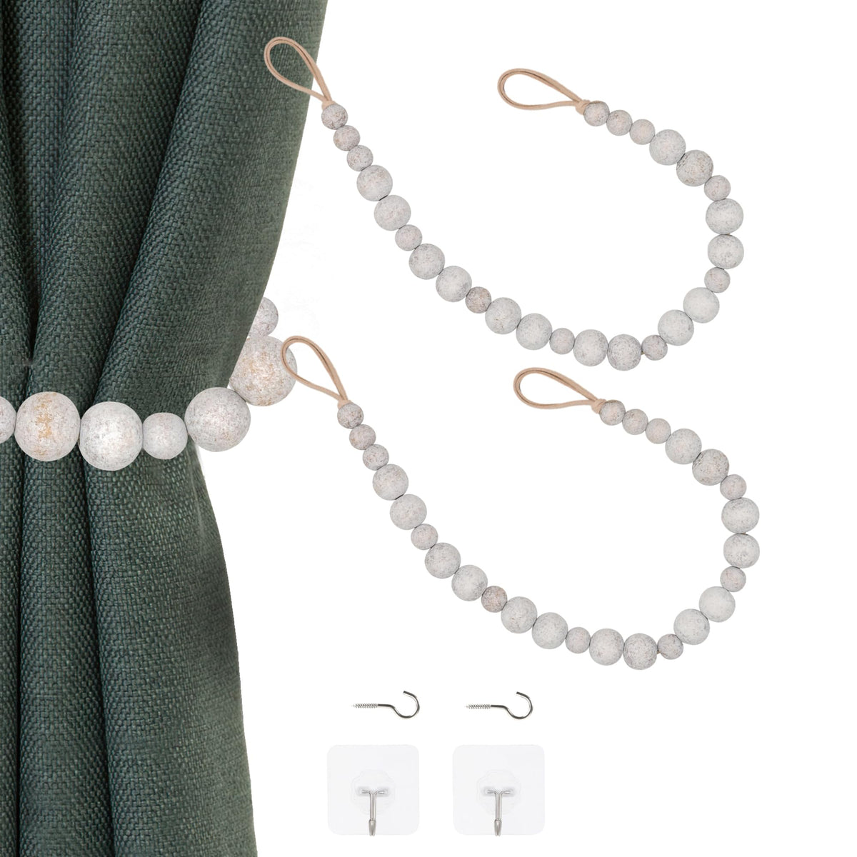 2 Pieces Curtain Tieback Wood Bead Curtain Tiebacks Curtain Holdbacks for Wall Curtain Ties Window Treatment Curtain Tie Backs with Hooks Curtain Pull Backs (Coffee,2) C-1