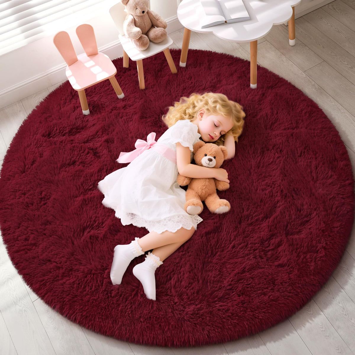 EVOIONOS Pink Round Rug for Bedroom, 4x4 Ft Fluffy Soft Circle Area Rugs for Living Room, Plush Shaggy Circular Carpet for Indoor Floor Bedside Girls Nursery, Machine-Washable Home Decor Aesthetic