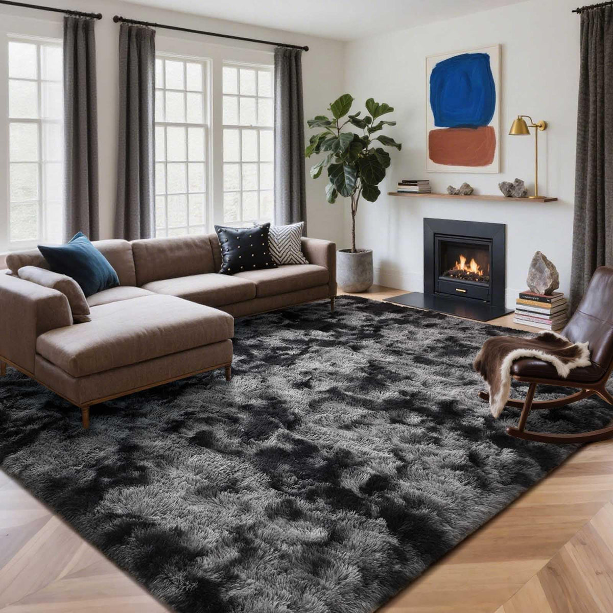 8x10 Ft Extra Large Shag Rugs for Living Room, Tie Dyed Ultra Soft Fluffy Furry Area Rugs for Bedroom Indoor Floor, Aesthetic Carpet for Kids Home Decor (Dark Grey)