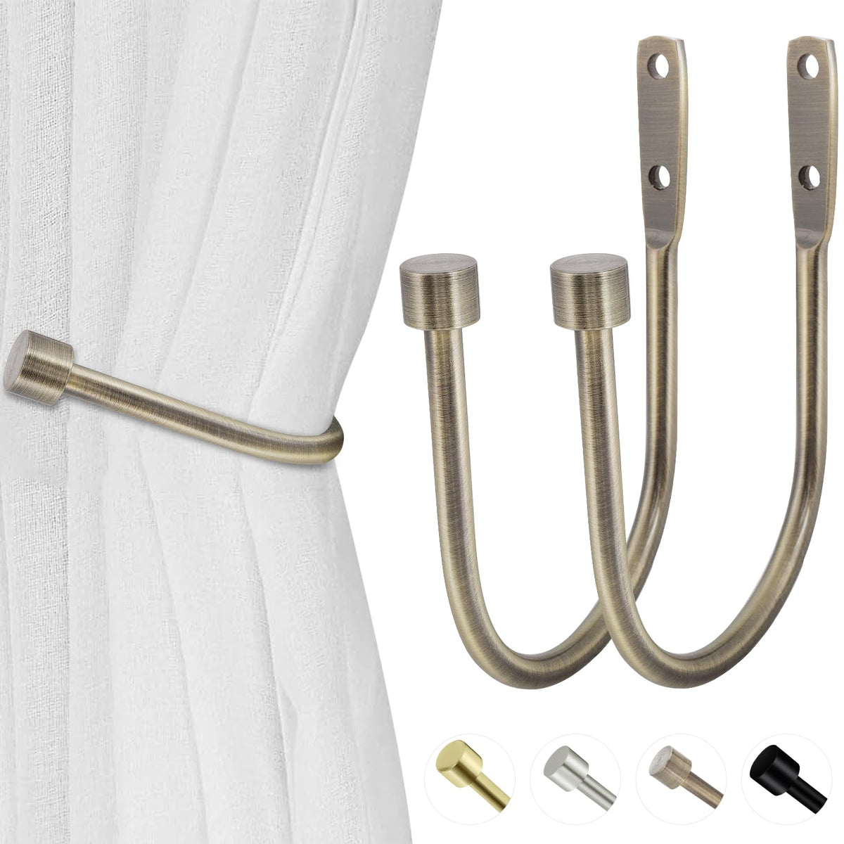 HIKMLK Minimalist Curtain Holdbacks 2pcs, 100% Cast Iron Solid Heavy Duty Metal Curtain Tieback Side Holders for Wall, Curtain Tie Hook Pull Backs for Drapes Window Home Decoration（Matte Black）