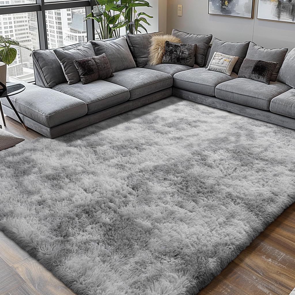 Shag Area Rugs for Bedroom Living Room,8X10 Ultra Soft Fluffy Area Rugs for Dorm,Indoor Carpet Plush Rugs for Living Room Home Decor,Tie-Dye Grey