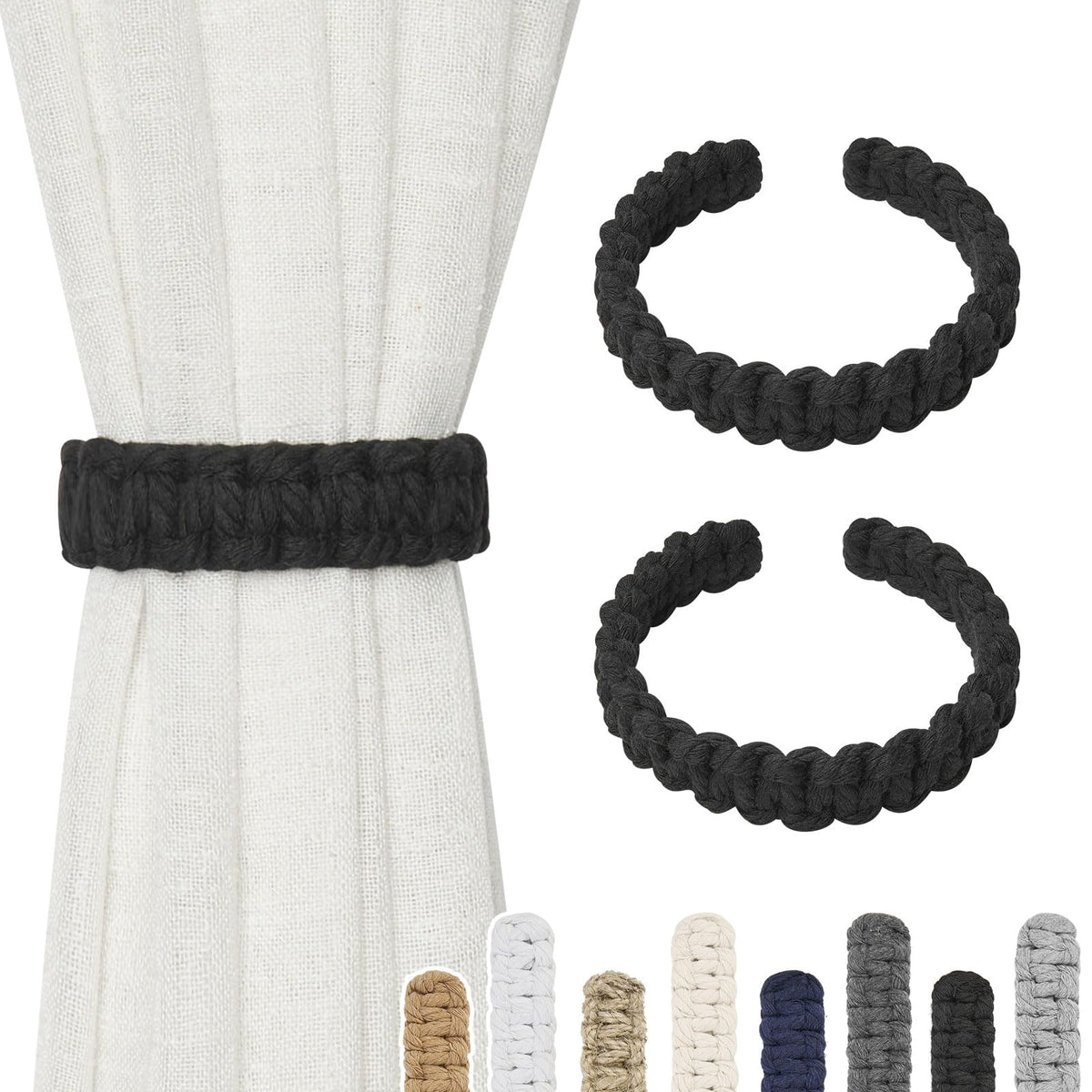 NICEEC 2 Pack Natural Cotton Rope Curtain Tiebacks Farmhouse Rustic Style Decorative Drape Tie Backs Handmade Braided Curtain Holdbacks for Home & Office Sheer/Light Weight Drapery (C-White-S)