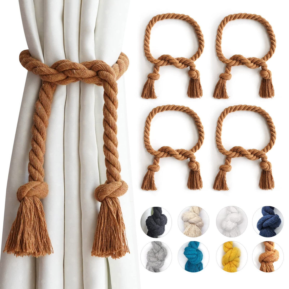 6 Pack Curtain Ties Rope, Outdoor Curtain Tiebacks for Patio Gazebo Pergola Cabana, Natural Cotton Curtain Holders, Village Rural Rustic Farmhouse Curtain Holdbacks for Drapery, Black