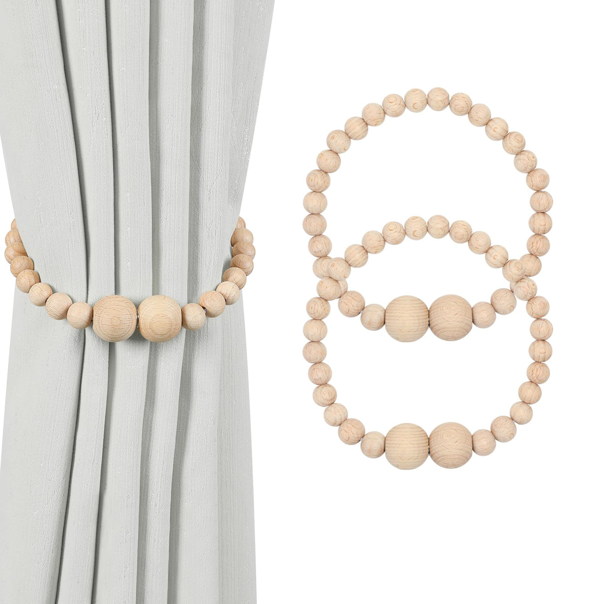 KLOGTSIND Magnetic Curtain Tiebacks, 2 Pack Wood Bead Curtain Holdbacks