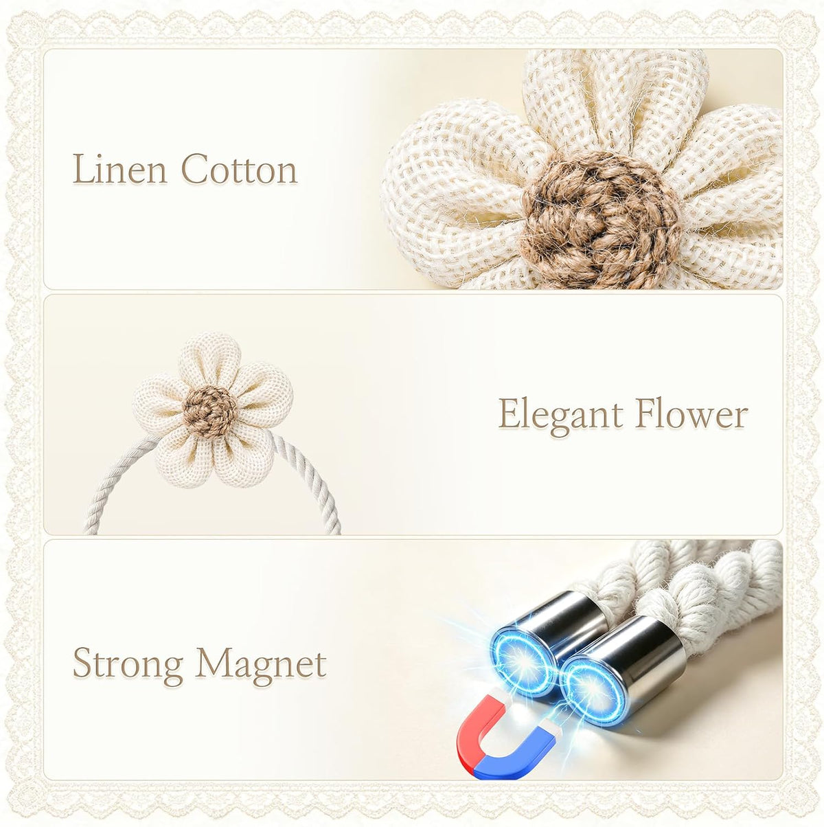 VIS'V Magnetic Curtain Tiebacks, Boho Curtain Holdbacks, Cream, 2 Pcs