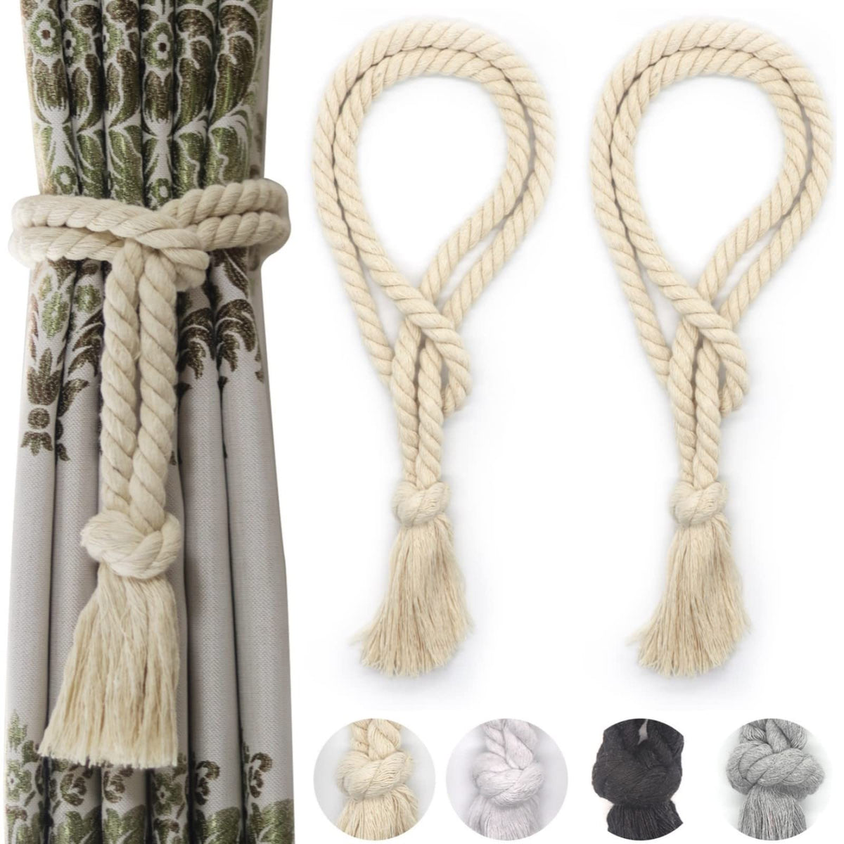2 Pack Curtain tiebacks Rope, Outdoor Curtain Tiebacks, Natural Cotton Curtain Ties, Village Rural Rustic Farmhouse Curtain Holdbacks Curtain tie Backs Holders for Heavy Duty Drapes, Black