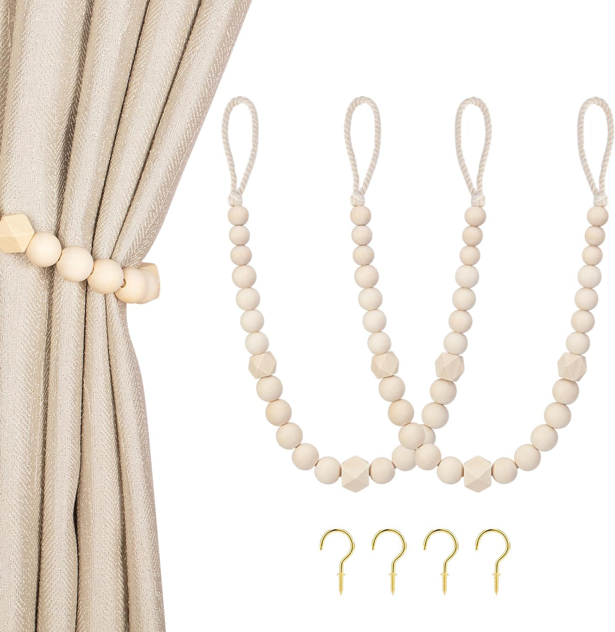 KLOGTSIND Wood Bead Curtain Tiebacks, 2 Pack Curtain Tie Backs with Hooks