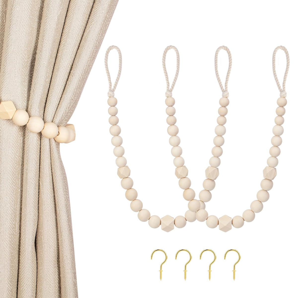 KLOGTSIND Wood Bead Curtain Tiebacks, 2 Pack Curtain Tie Backs with Hooks