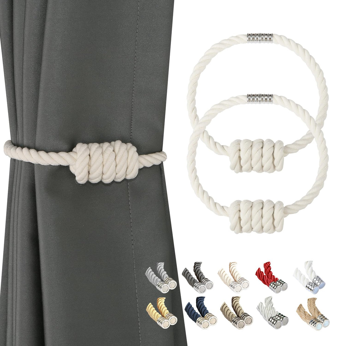 BEL AVENIR Magnetic Jute Curtain Tiebacks 2 Pack Hand-Woven Curtain Ties