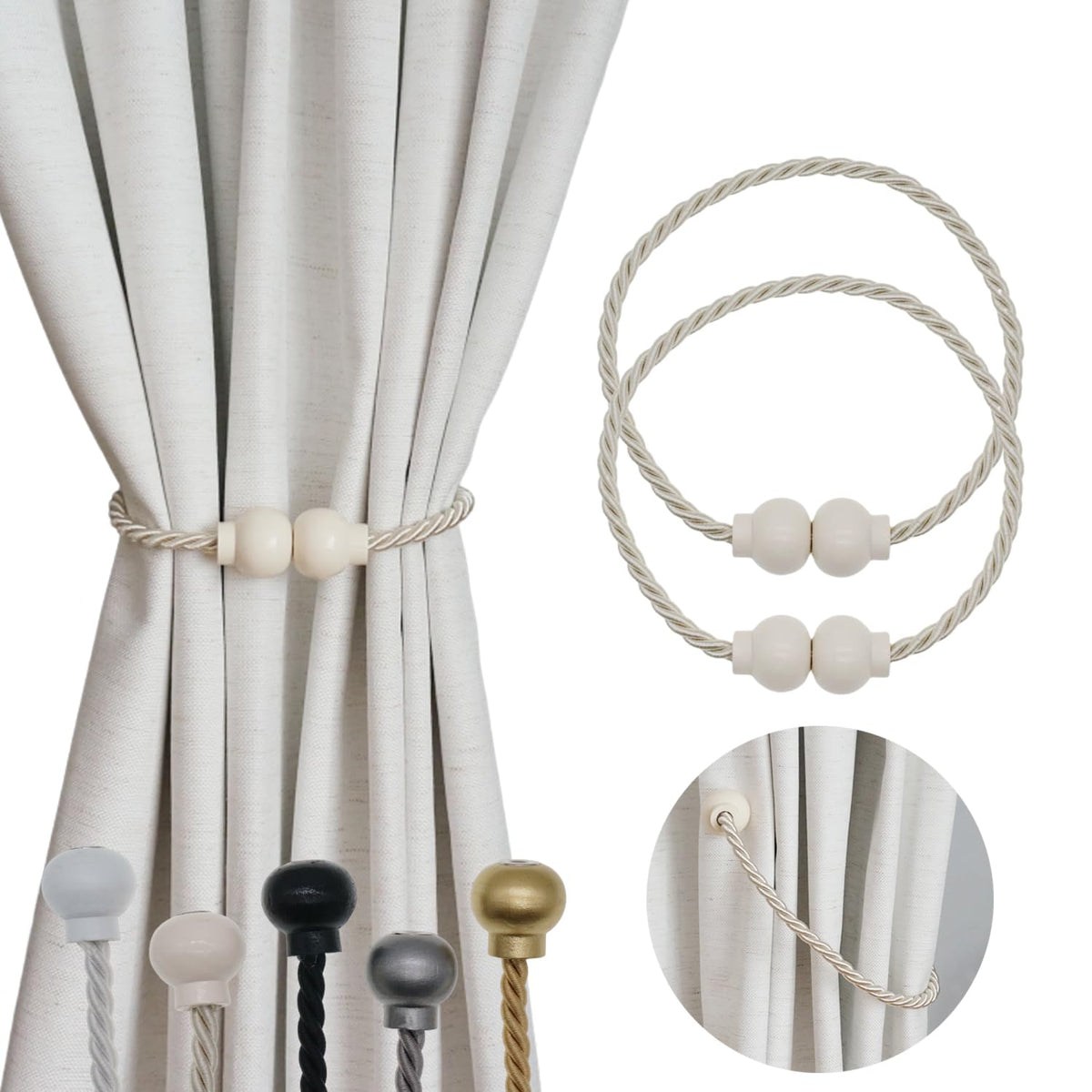 2 Pack Magnetic Curtain Tiebacks Modern Handmade Rope Curtain Tie Backs Decorative Drapes Weave Holdbacks for Home Outdoor Bedroom Office Decorative Curtain, Gold