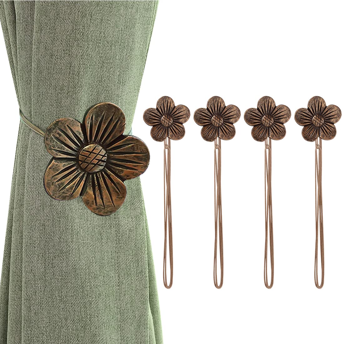 Lewondr Magnetic Curtain Tiebacks, Flower Vintage Curtain Holdbacks, Coffee