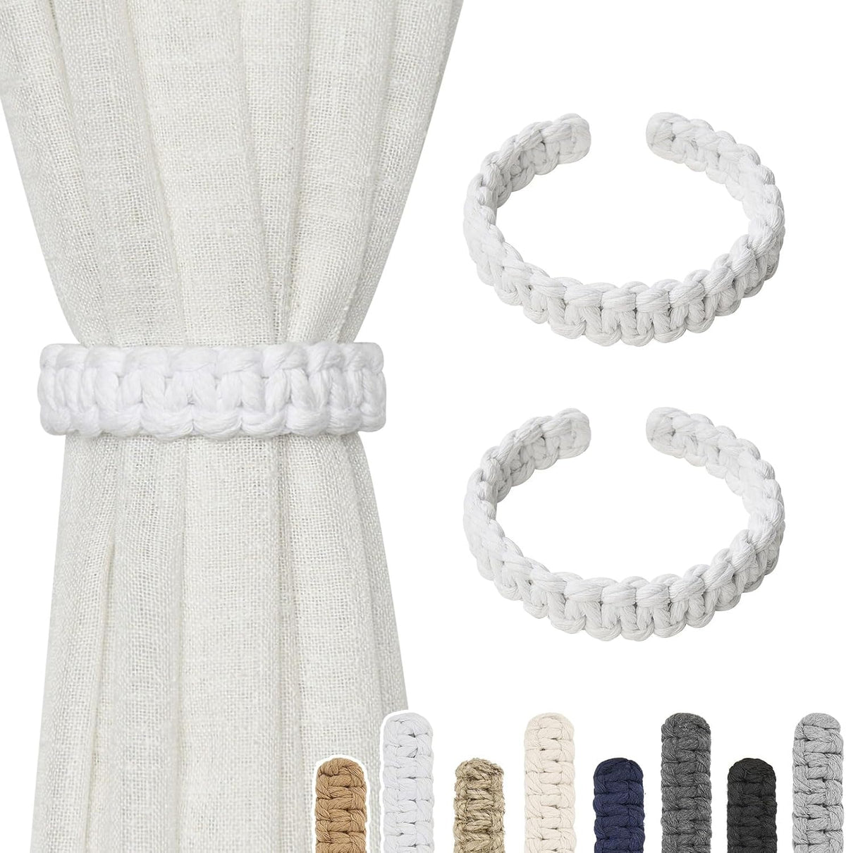 NICEEC 2 Pack Natural Cotton Rope Curtain Tiebacks Farmhouse Rustic Style Decorative Drape Tie Backs Handmade Braided Curtain Holdbacks for Home & Office Sheer/Light Weight Drapery (C-White-S)
