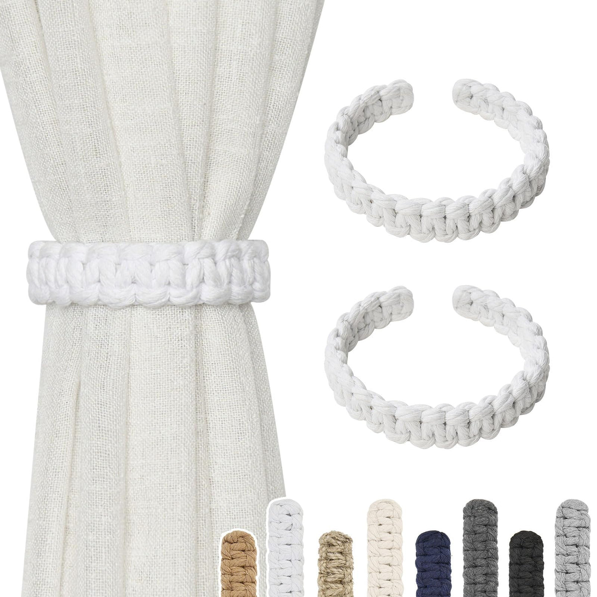 NICEEC 2 Pack Natural Cotton Rope Curtain Tiebacks Farmhouse Rustic Style Decorative Drape Tie Backs Handmade Braided Curtain Holdbacks for Home & Office Sheer/Light Weight Drapery (C-White-S)