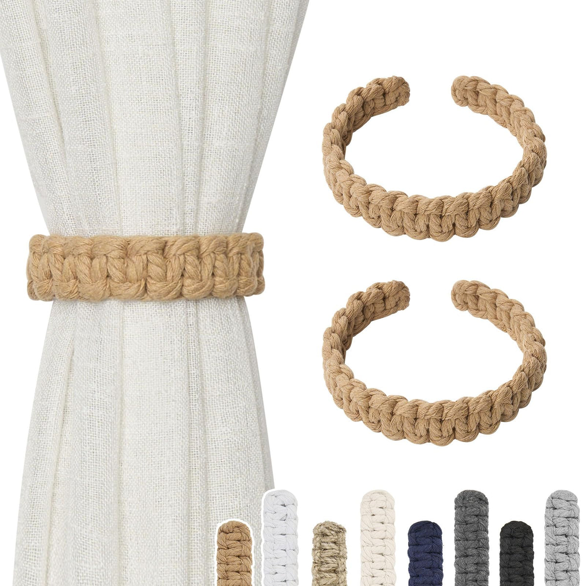 NICEEC 2 Pack Natural Cotton Rope Curtain Tiebacks Farmhouse Rustic Style Decorative Drape Tie Backs Handmade Braided Curtain Holdbacks for Home & Office Sheer/Light Weight Drapery (C-White-S)