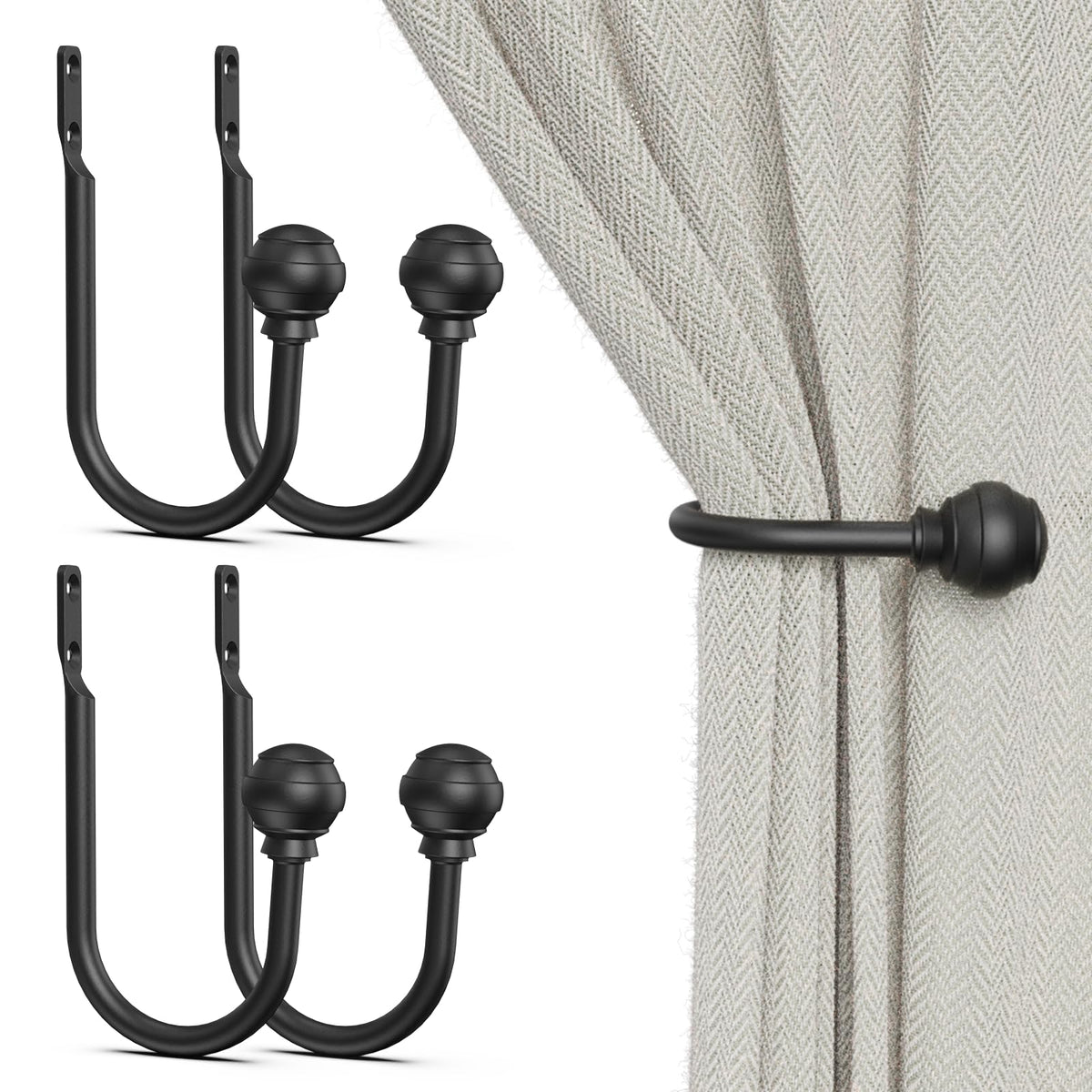 Hion Curtain Holdbacks Black 2pcs, Curtain Tiebacks Wall Mounted Hooks