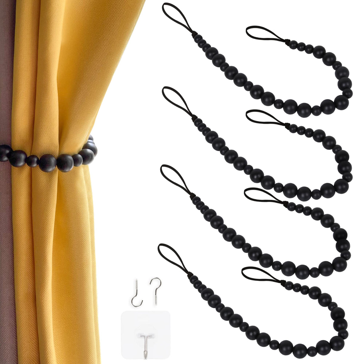 2 Pieces Curtain Tieback Wood Bead Curtain Tiebacks Curtain Holdbacks for Wall Curtain Ties Window Treatment Curtain Tie Backs with Hooks Curtain Pull Backs (Coffee,2) C-1