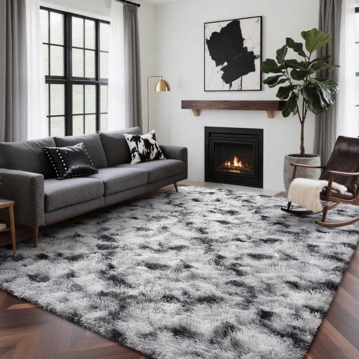 8x10 Ft Extra Large Shag Rugs for Living Room, Tie Dyed Ultra Soft Fluffy Furry Area Rugs for Bedroom Indoor Floor, Aesthetic Carpet for Kids Home Decor (Dark Grey)