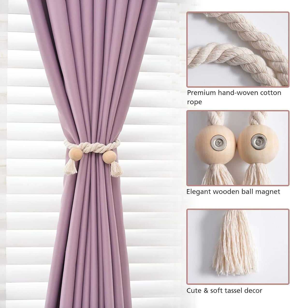 NICEEC 2 Pack Wooden Ball Magnetic Curtain Tiebacks Boho Home Decor Drape Tie Backs Natural Cotton Hand Woven Rope Curtain Holdbacks for Thin & Thick Home & Office Window Draperies (Beige)