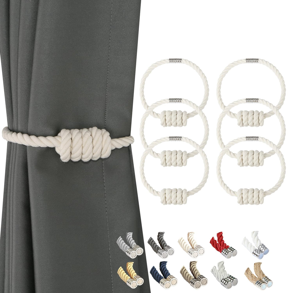 BEL AVENIR Magnetic Jute Curtain Tiebacks 2 Pack Hand-Woven Curtain Ties