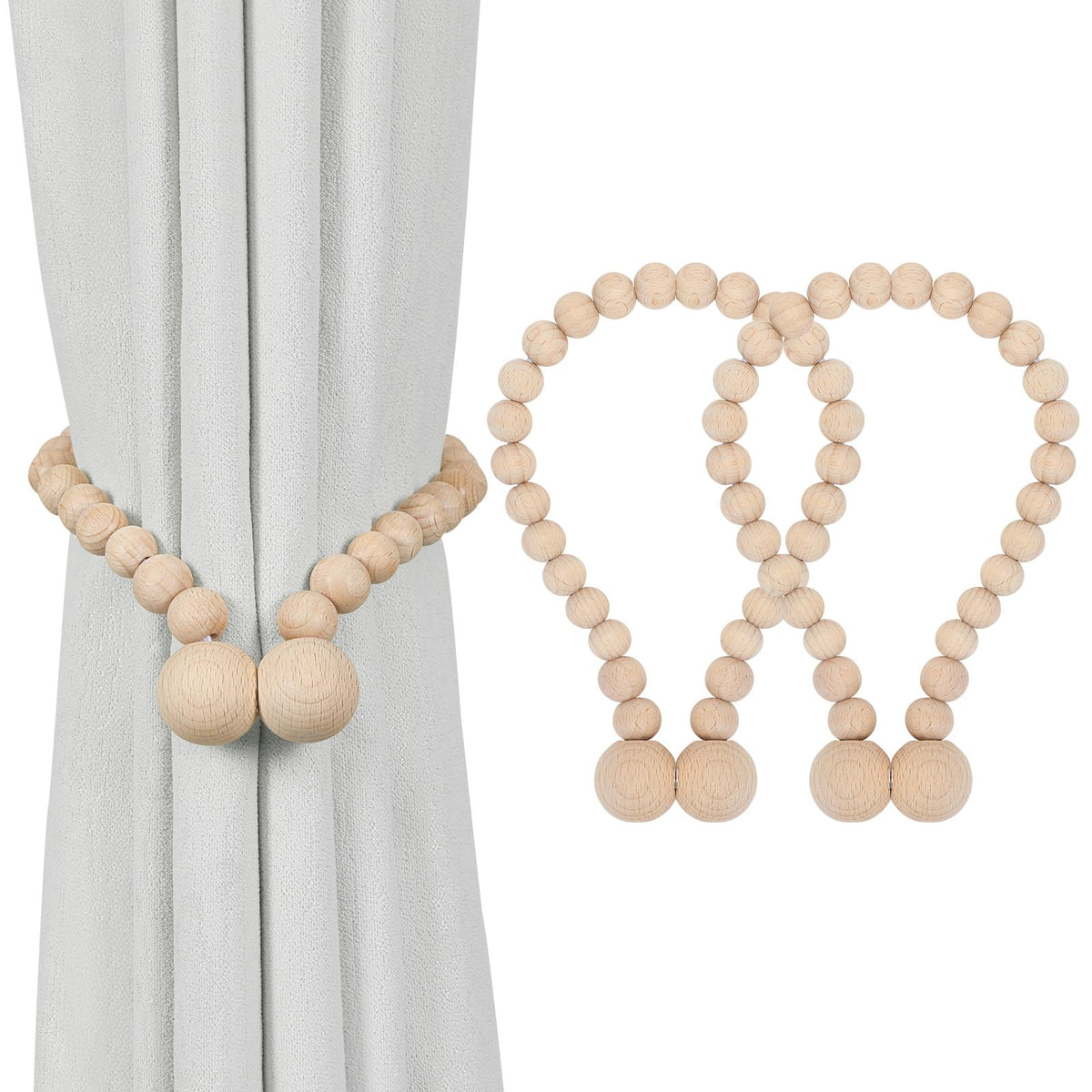 KLOGTSIND Magnetic Curtain Tiebacks, 2 Pack Wood Bead Curtain Holdbacks