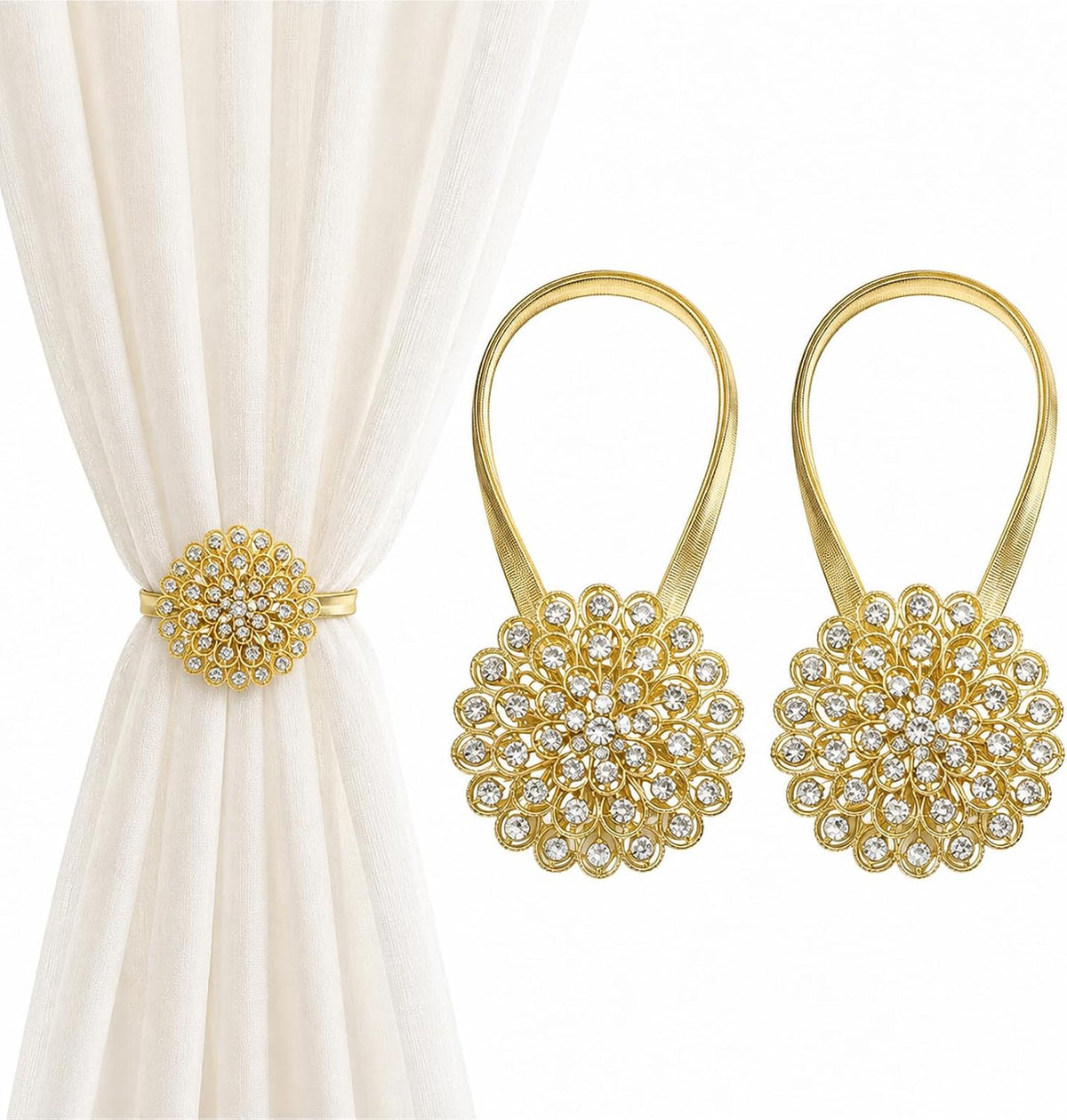 Magnetic Tiebacks for Curtain 2 Pack, Gold Crystal Flower Holdback