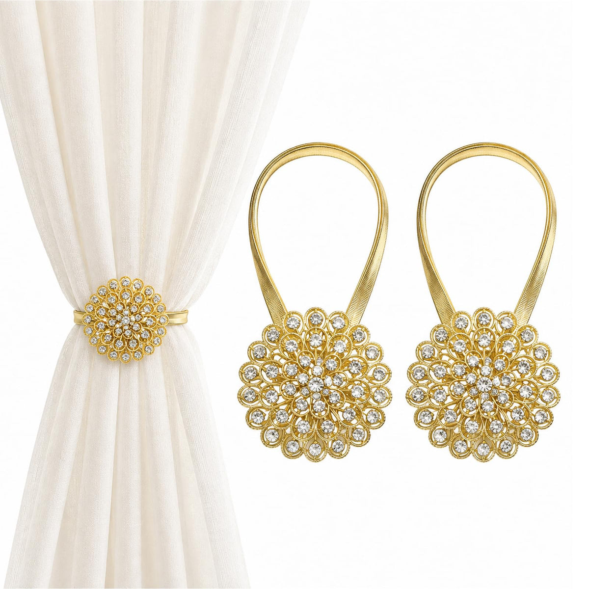 Magnetic Tiebacks for Curtain 2 Pack, Gold Crystal Flower Holdback