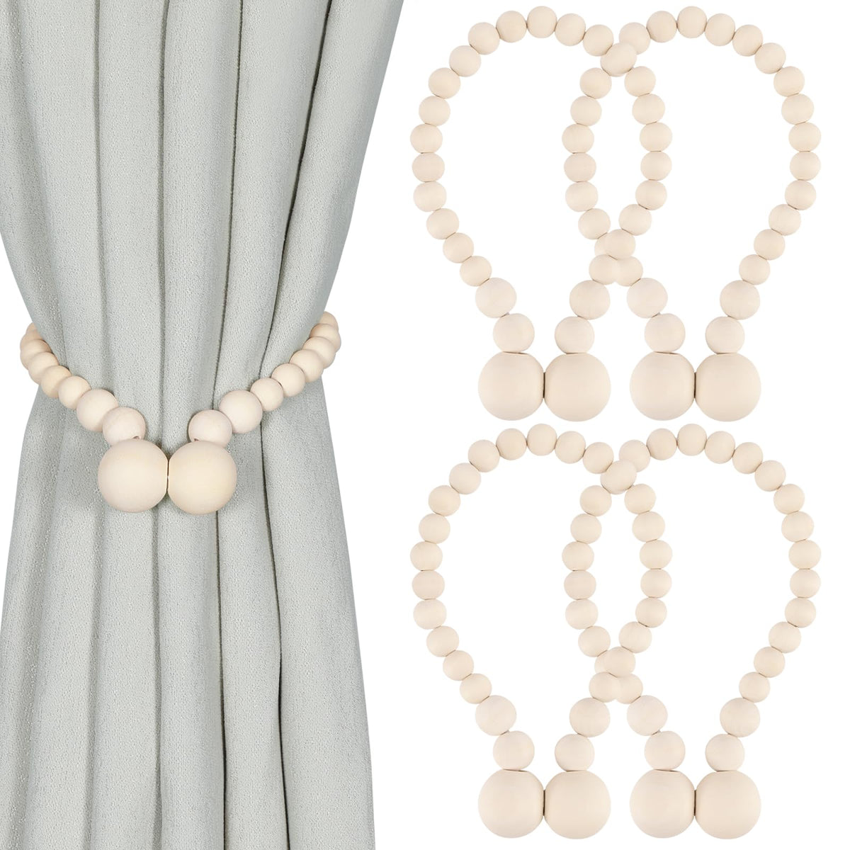 KLOGTSIND Magnetic Curtain Tiebacks, 2 Pack Wood Bead Curtain Holdbacks
