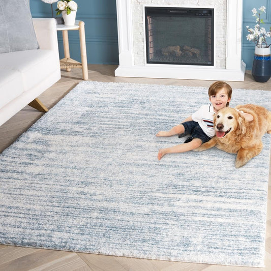 SAFAVIEH Area Rug 8x10 - Tahoe Shag Collection - Large - Blue & Ivory, Modern Design, Non-Shedding & Easy Cleaning, Plush Thick Pile, Ideal for Living Room, Bedroom, Dining Space (THO653M)