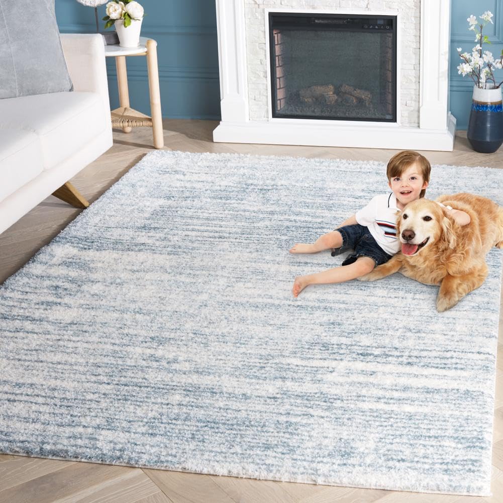 SAFAVIEH Area Rug 8x10 - Tahoe Shag Collection - Large - Blue & Ivory, Modern Design, Non-Shedding & Easy Cleaning, Plush Thick Pile, Ideal for Living Room, Bedroom, Dining Space (THO653M)