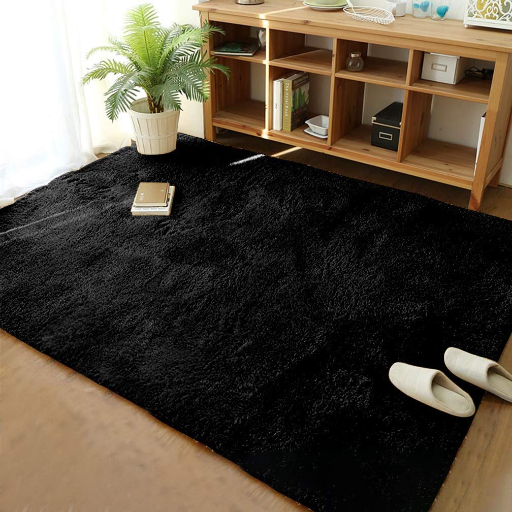 Merelax Soft Modern Indoor Large Shaggy Rug for Livingroom Bedroom Dorm Kids Room Home Decor, Non-Slip Plush Fluffy Furry Fur Area Rugs Comfy Nursery Accent Floor Carpet 9x12 Feet, Black