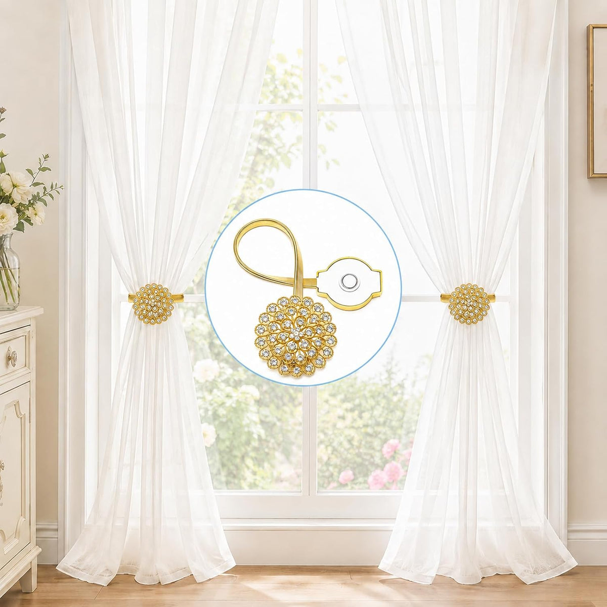 Magnetic Tiebacks for Curtain 2 Pack, Gold Crystal Flower Holdback