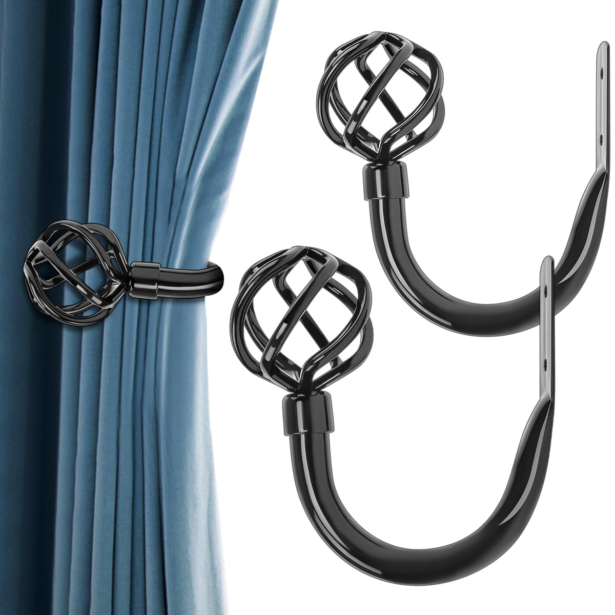 HIKMLK Geometric Industrial Curtain Holdbacks 2pcs, Solid Cast Iron Heavy Duty Curtain Tiebacks for Wall, Side Holder Pull Back Hooks for Drapes Tie Back Home Window Decor (Matt Black)