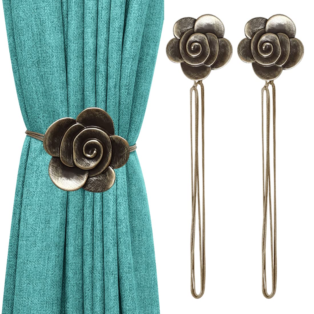 Lewondr Magnetic Curtain Tiebacks, Flower Vintage Curtain Holdbacks, Coffee