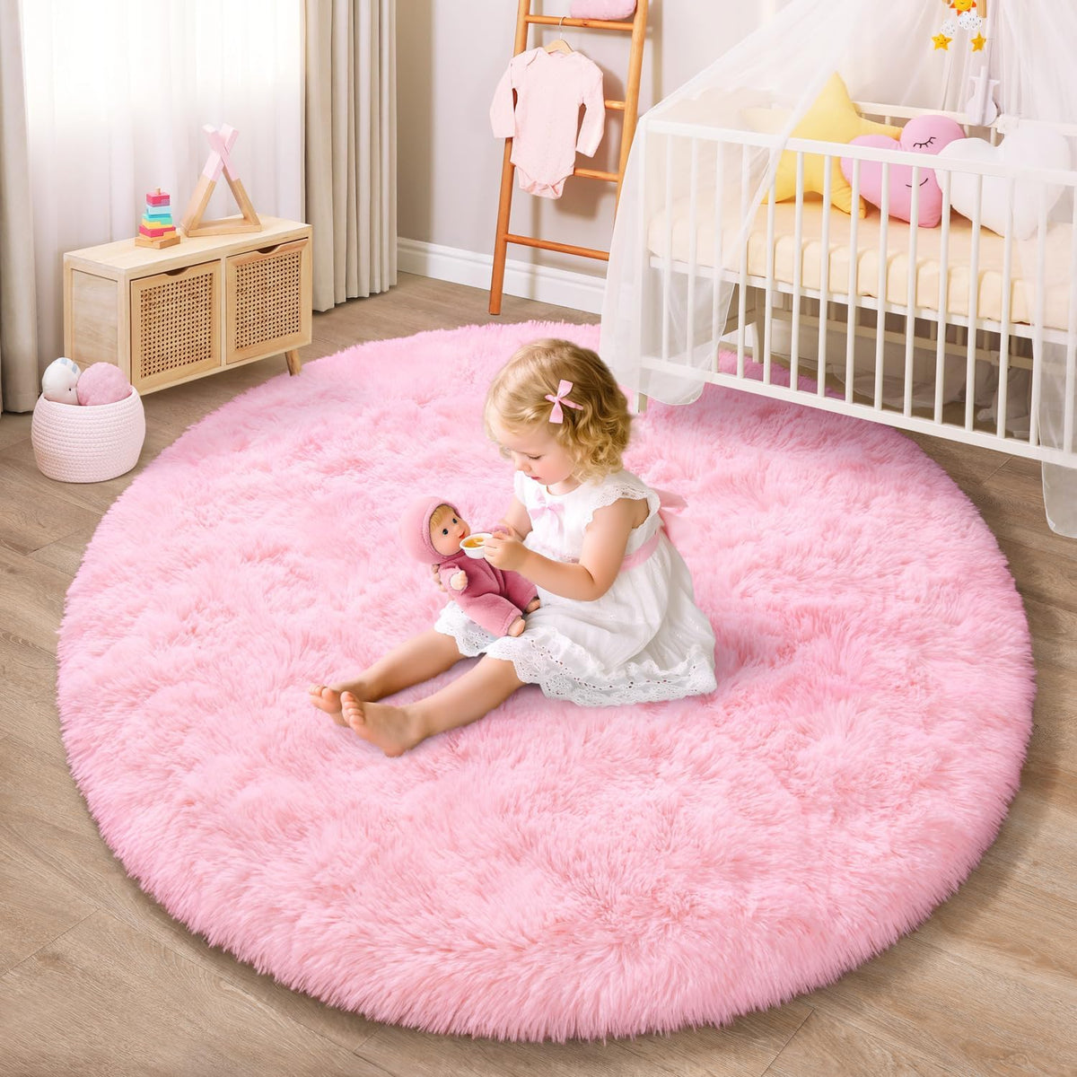 EVOIONOS Pink Round Rug for Bedroom, 4x4 Ft Fluffy Soft Circle Area Rugs for Living Room, Plush Shaggy Circular Carpet for Indoor Floor Bedside Girls Nursery, Machine-Washable Home Decor Aesthetic