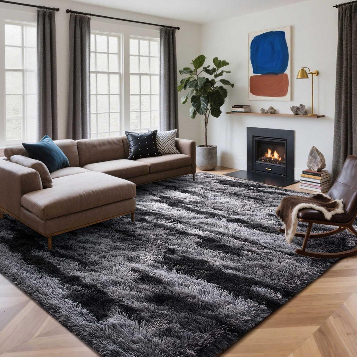 8x10 Ft Extra Large Shag Rugs for Living Room, Tie Dyed Ultra Soft Fluffy Furry Area Rugs for Bedroom Indoor Floor, Aesthetic Carpet for Kids Home Decor (Dark Grey)