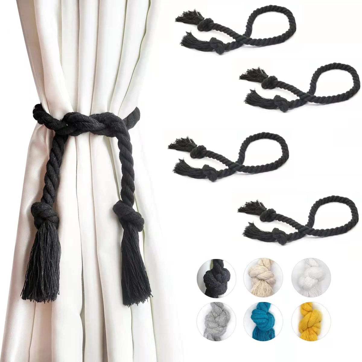 2 Pack Curtain tiebacks Rope, Outdoor Curtain Tiebacks, Natural Cotton Curtain Ties, Village Rural Rustic Farmhouse Curtain Holdbacks Curtain tie Backs Holders for Heavy Duty Drapes, Black