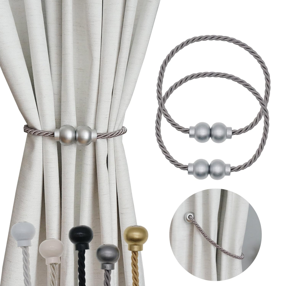 2 Pack Magnetic Curtain Tiebacks Modern Handmade Rope Curtain Tie Backs Decorative Drapes Weave Holdbacks for Home Outdoor Bedroom Office Decorative Curtain, Gold