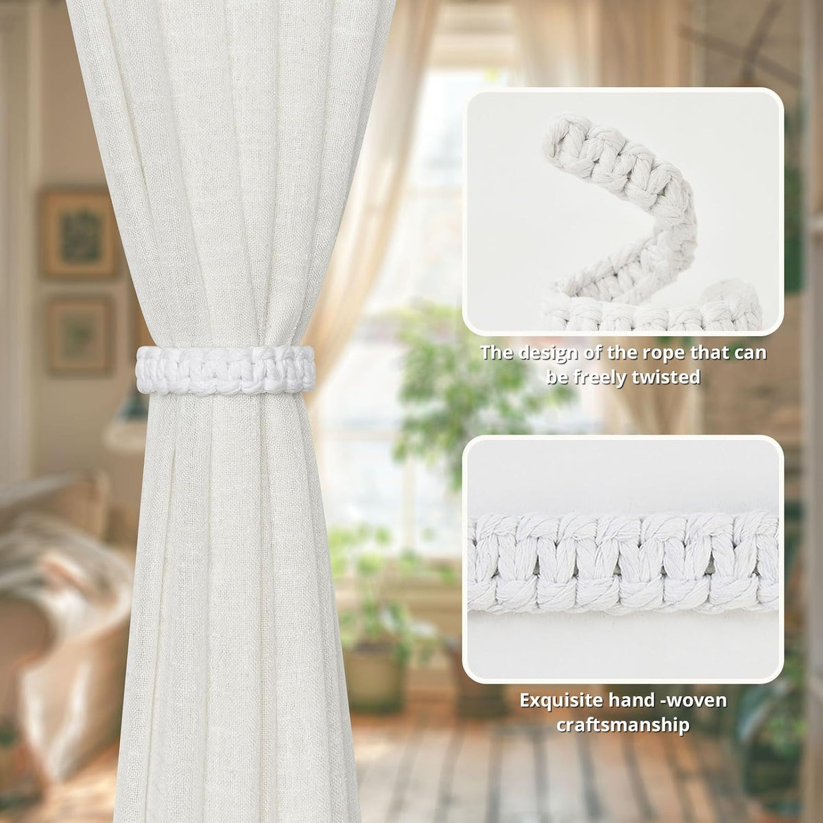 NICEEC 2 Pack Natural Cotton Rope Curtain Tiebacks Farmhouse Rustic Style Decorative Drape Tie Backs Handmade Braided Curtain Holdbacks for Home & Office Sheer/Light Weight Drapery (C-White-S)