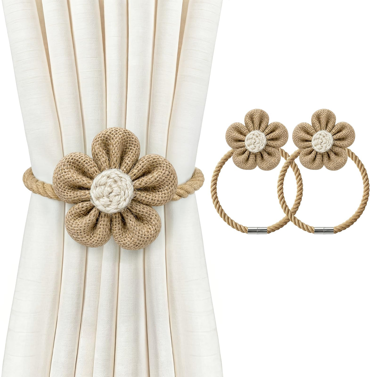 VIS'V Magnetic Curtain Tiebacks, Boho Curtain Holdbacks, Cream, 2 Pcs