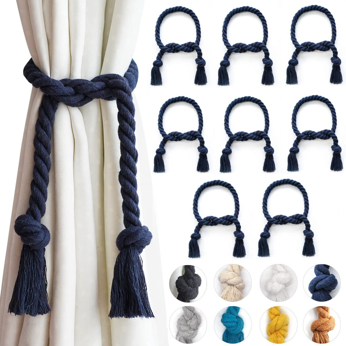 6 Pack Curtain Ties Rope, Outdoor Curtain Tiebacks for Patio Gazebo Pergola Cabana, Natural Cotton Curtain Holders, Village Rural Rustic Farmhouse Curtain Holdbacks for Drapery, Black