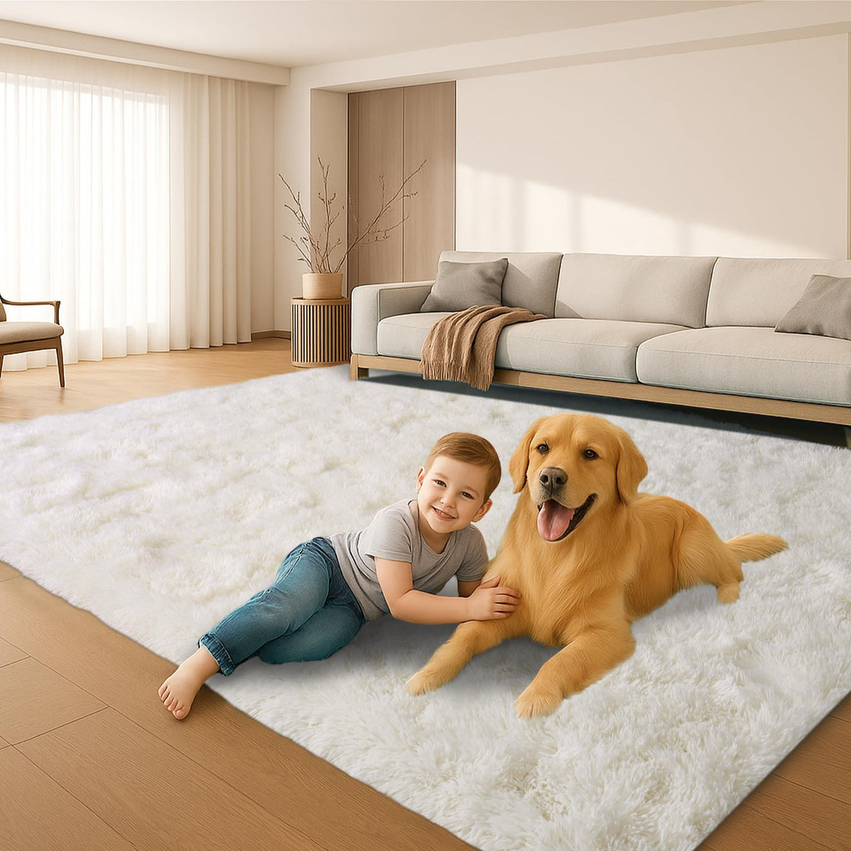 8x10 Beige Fluffy Shag Area Rug, Non-Slip Soft Carpet for Home