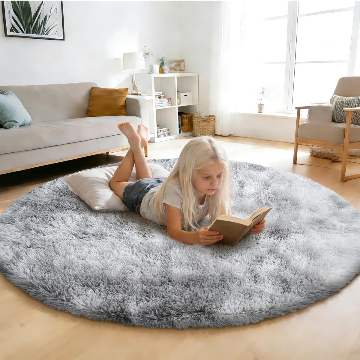 Pink Fluffy Round Area Rugs for Bedroom,3ft Shag Circle Small Area Rugs