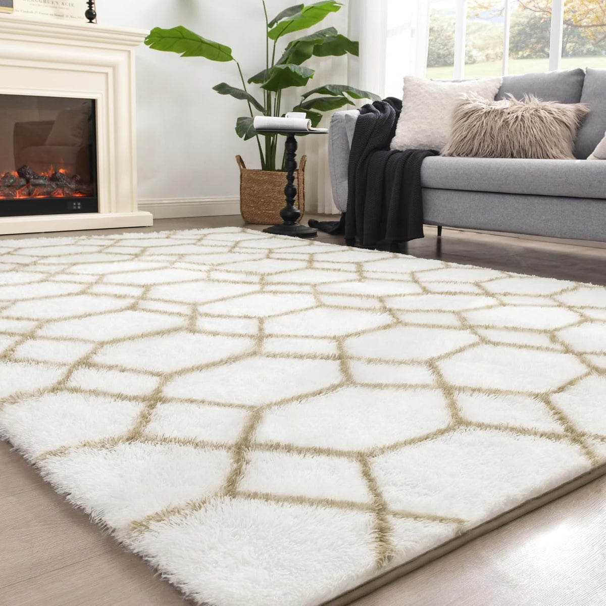 Fluffy Rug for Living Room, Soft Modern 8x10 Grey and Black Shag Area Rugs
