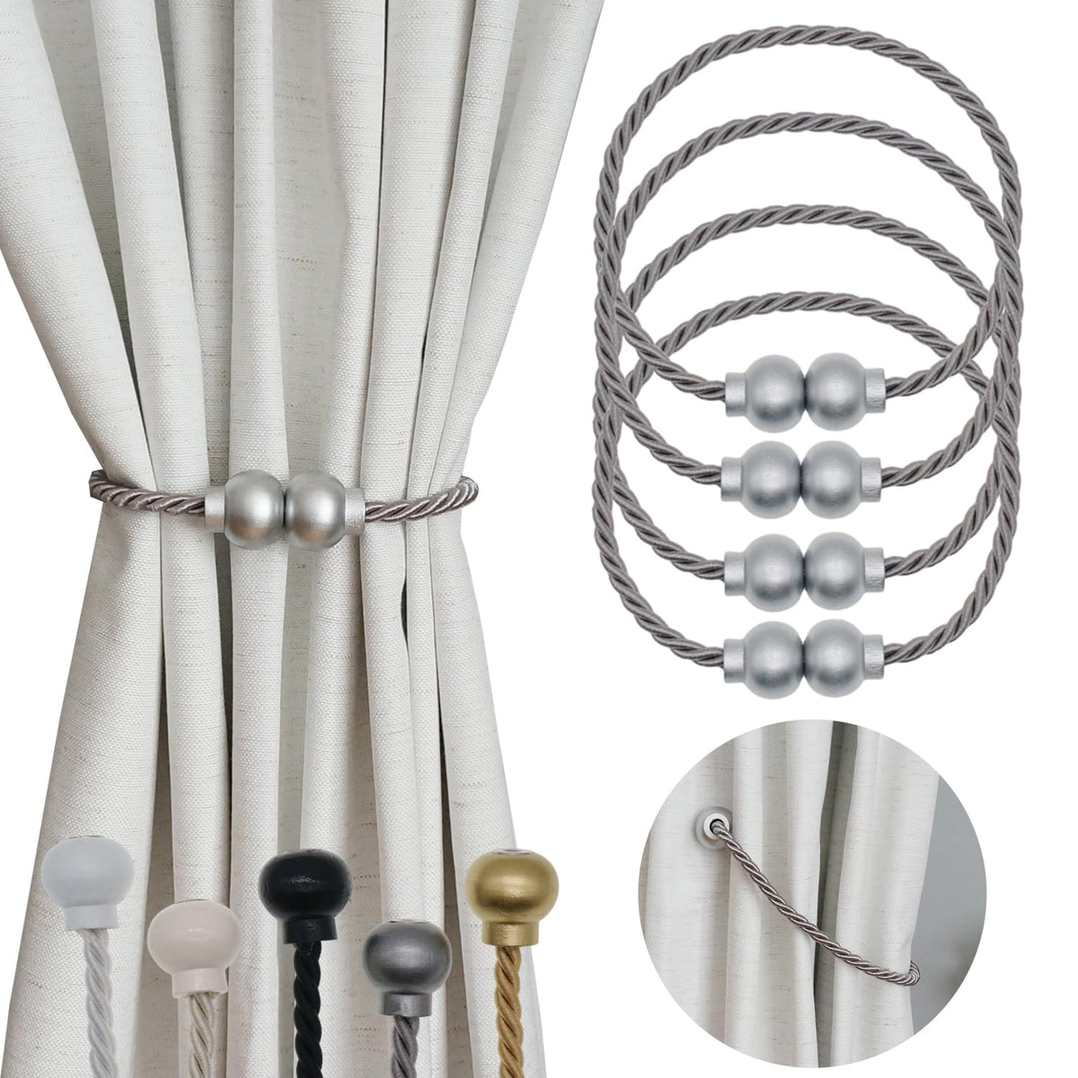 2 Pack Magnetic Curtain Tiebacks Modern Handmade Rope Curtain Tie Backs Decorative Drapes Weave Holdbacks for Home Outdoor Bedroom Office Decorative Curtain, Gold
