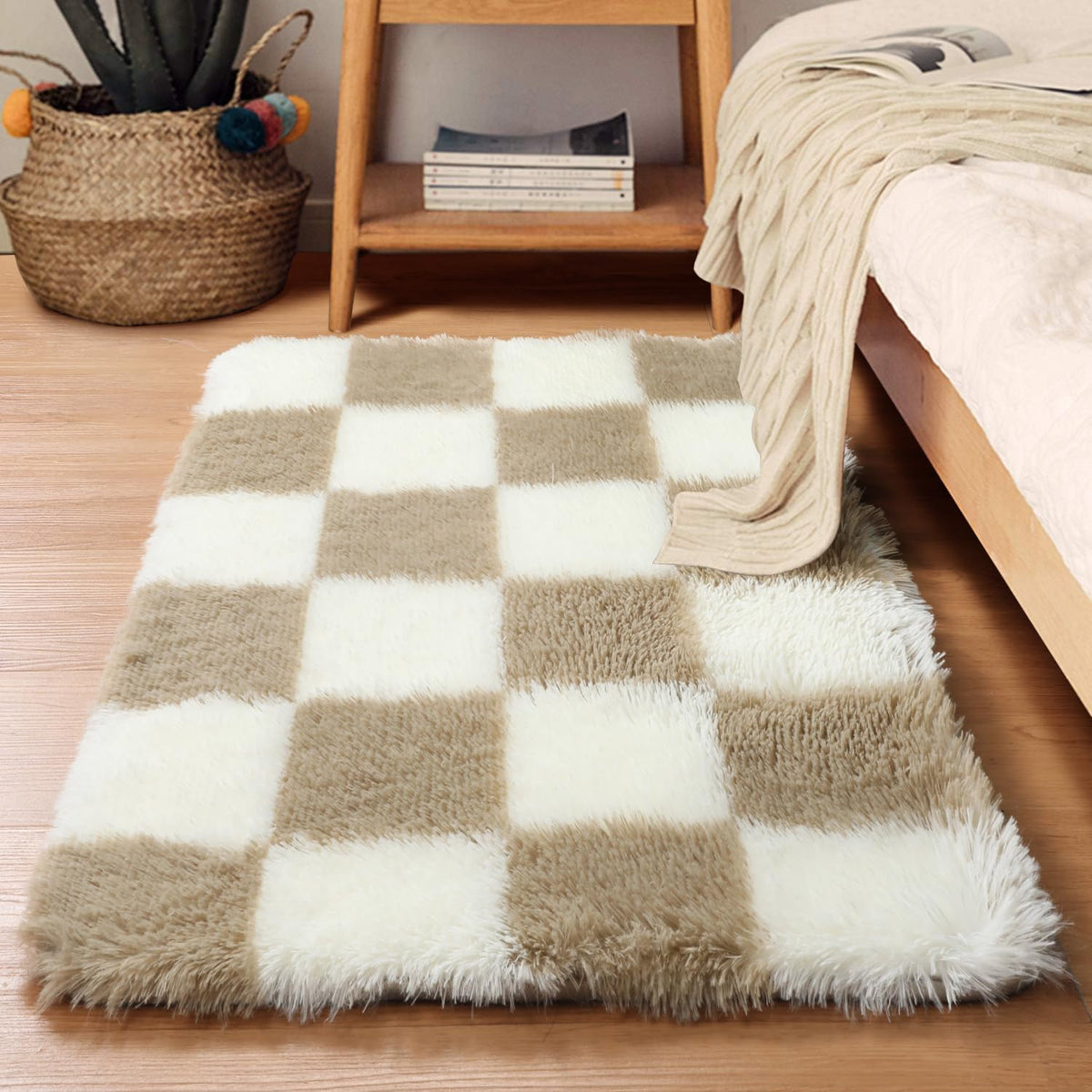 KICMOR Area Rugs 8x10 for Living Room, Large Fluffy Beige and Cream White Checkered Rug Big Fuzzy Shag Shaggy Carpets for Bedroom, Soft Plush Furry Rug for Boy Girls Room Dorm Home Decor Aesthetic
